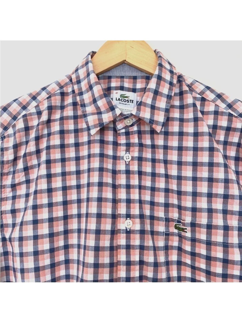 Lacoste Regular Fit Long Sleeve Lightweight Button Shirt Gingham Sz 41 (M-L)